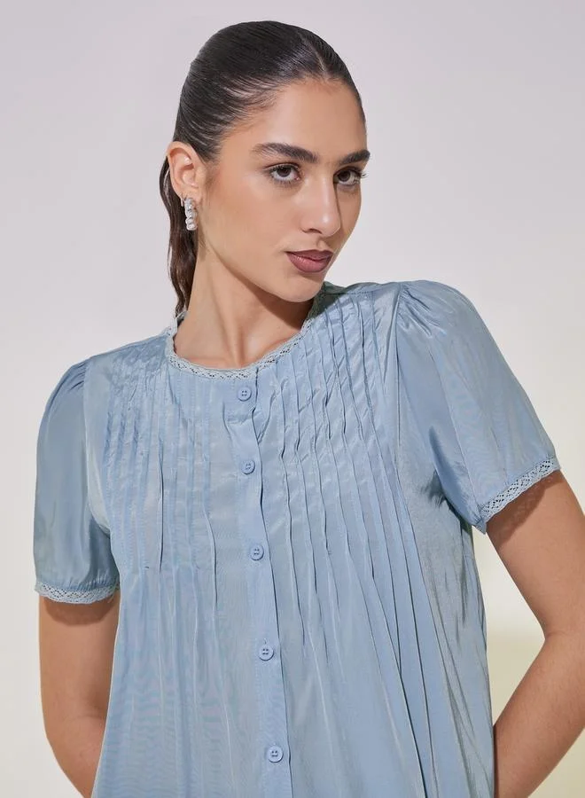 Take Two Pintuck Detail Puff Sleeve Shirt with Lace Trim