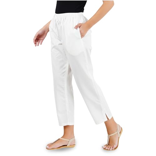 Happy Bunny Parallel Pants for Women 100% Cotton Ankle Length Trousers Regular Fit with Elastic Drawstring Stylish & Pockets Casual Formal Wear for Office & Home (MED, White) - Image 1