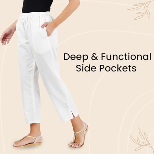 Happy Bunny Parallel Pants for Women 100% Cotton Ankle Length Trousers Regular Fit with Elastic Drawstring Stylish & Pockets Casual Formal Wear for Office & Home (MED, White) - Image 4