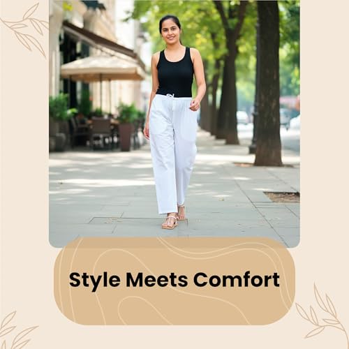 Happy Bunny Parallel Pants for Women 100% Cotton Ankle Length Trousers Regular Fit with Elastic Drawstring Stylish & Pockets Casual Formal Wear for Office & Home (MED, White) - Image 2