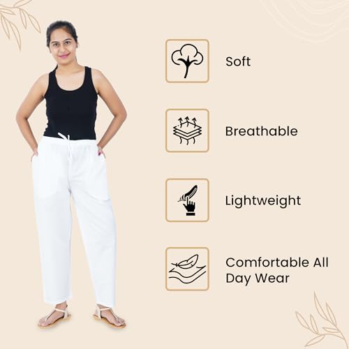 Happy Bunny Parallel Pants for Women 100% Cotton Ankle Length Trousers Regular Fit with Elastic Drawstring Stylish & Pockets Casual Formal Wear for Office & Home (MED, White) - Image 5