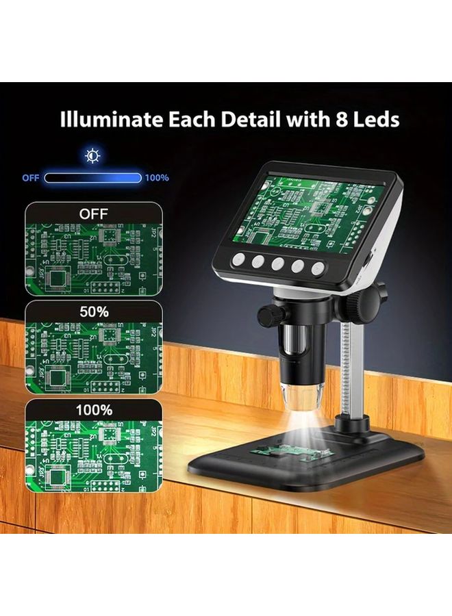 Black 4 3 Inch HD Digital Microscope 1000X Magnification 8 LED Light PC Compatible - Image 2