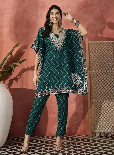 ISHIN Women's Blue Rayon Embellished Tunic Top With Ankle Palazzo Flared 2 Peice Kurta Set