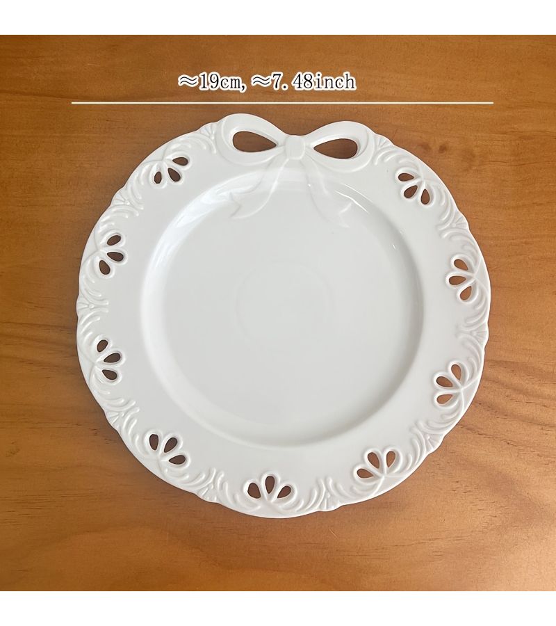 White Bow Cutout Plate Retro Hollowed Out Dessert Cake Plate French Relief Home Dish Western Tableware - Image 3
