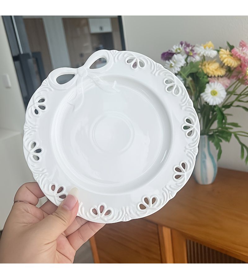 White Bow Cutout Plate Retro Hollowed Out Dessert Cake Plate French Relief Home Dish Western Tableware - Image 4