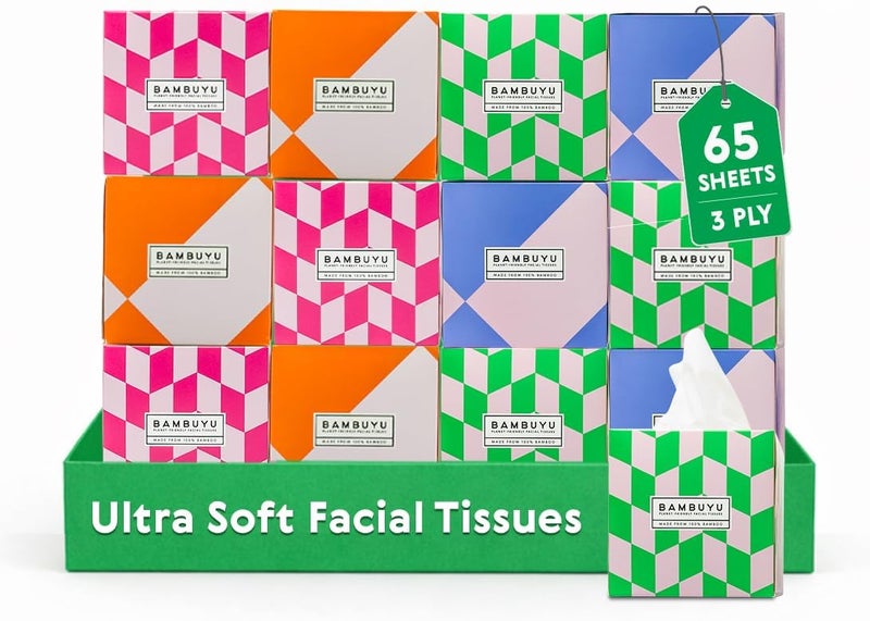Bambuyu Bamboo Facial Tissue Cube Box. 12 boxes. Eco-Friendly, Plastic-free, Hypoallergenic, Soft and Absorbent, Sustainable Tissues - Image 1