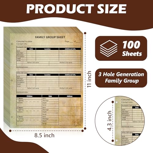 MSHUNKEJI 100 Sheets 12th Generation Family Group Sheets 3 Hole Genealogy Research Forms 8.5x11 inch Genealogy Charts To Fill In Two Sided Blank Genealogy Forms Vintage Family Tree Work Sheet for Research - Image 2