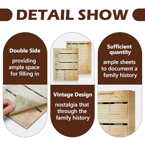 MSHUNKEJI 100 Sheets 12th Generation Family Group Sheets 3 Hole Genealogy Research Forms 8.5x11 inch Genealogy Charts To Fill In Two Sided Blank Genealogy Forms Vintage Family Tree Work Sheet for Research - Image 3