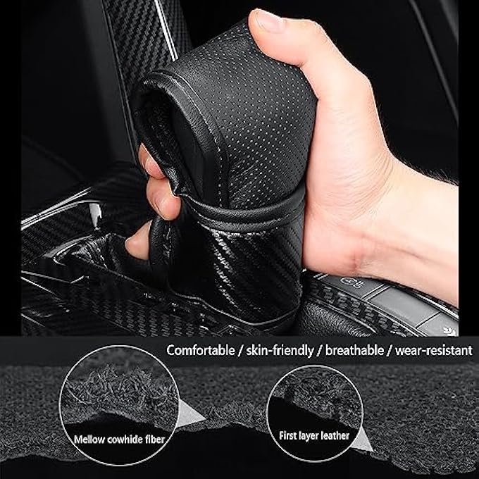 ريحني غطاء مقبض ناقل الحركة للسيارةغطاء عصا تروس جلدية من ألياف الكربون لزينة السيارة الحماية، إكسسوارات داخلية شاملة للسيارة تناسب السيارة شاحنة SUV سوداء - Image 5