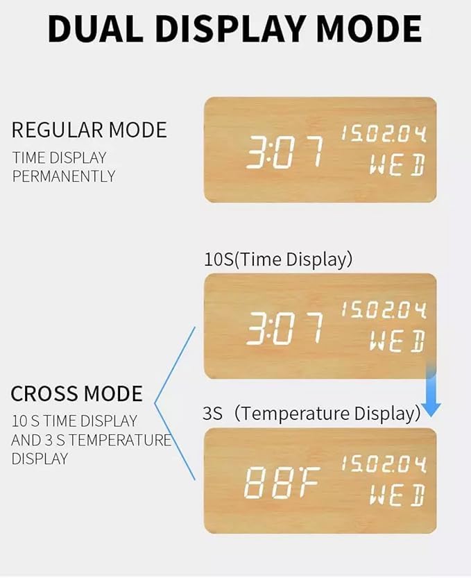 SHOPECOM Wood Digital Alarm Clock Desk Time Date Day of The Week Temperature Nightlight Large LED Display Portable Lamp Bedroom Office School Home Livingroom Room - Image 5