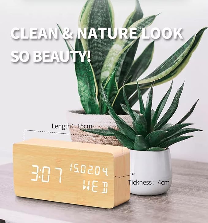 SHOPECOM Wood Digital Alarm Clock Desk Time Date Day of The Week Temperature Nightlight Large LED Display Portable Lamp Bedroom Office School Home Livingroom Room - Image 3