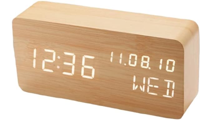 SHOPECOM Wood Digital Alarm Clock Desk Time Date Day of The Week Temperature Nightlight Large LED Display Portable Lamp Bedroom Office School Home Livingroom Room - Image 1