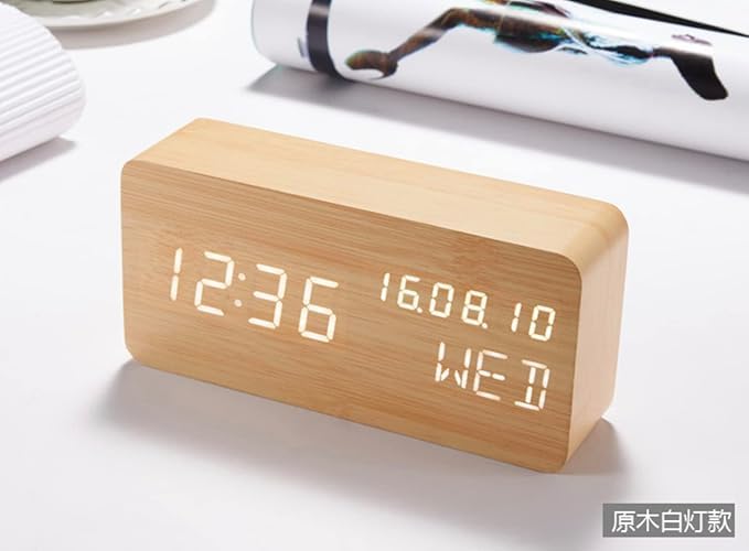 SHOPECOM Wood Digital Alarm Clock Desk Time Date Day of The Week Temperature Nightlight Large LED Display Portable Lamp Bedroom Office School Home Livingroom Room - Image 4