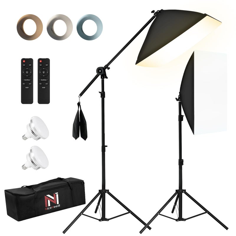 NiceVeedi 85W Photography Lighting, 2-Pack 20'' x 28'' Professional Softbox Lighting Kit with 42'' Boom Arm & 80'' Tripod Stand, Remote Control, Studio Lights for Live Streaming/Portrait/Photography - Image 1