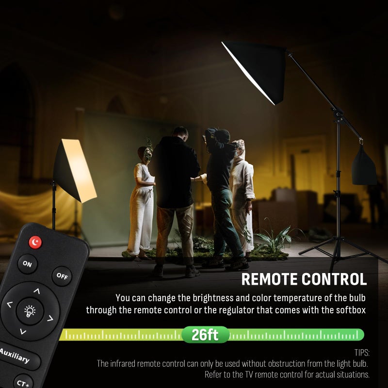 NiceVeedi 85W Photography Lighting, 2-Pack 20'' x 28'' Professional Softbox Lighting Kit with 42'' Boom Arm & 80'' Tripod Stand, Remote Control, Studio Lights for Live Streaming/Portrait/Photography - Image 5