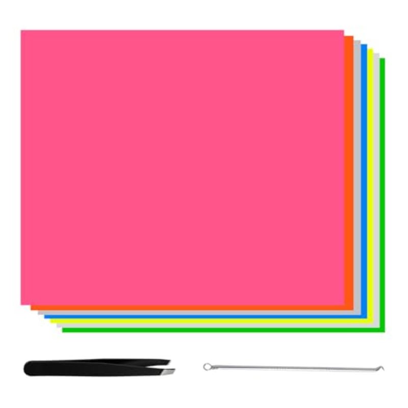 Pack of 7 Heat Transfer Vinyl Film, 3D Plotter Film Glows in the Dark, 30.4 x 25.4 cm, Iron-On Vinyl Bundle, Permanent Self-Adhesive Vinyl with Tweezers, Blackhead Remover for T-Shirts, Hats, Clothing - Image 1