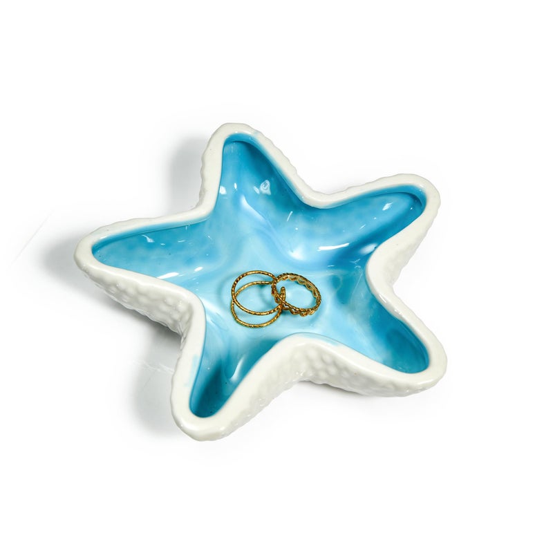 QIANCHANG Starfish Ceramic Jewelry Trinket Tray Blue White Decorative Ring Holder Dish for Rings Earrings Necklaces Bracelets Watches Keys - Image 3