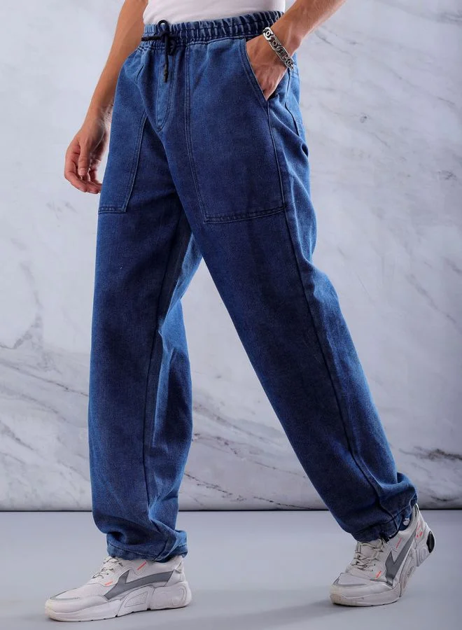 The Indian Garage Co Men Relaxed Fit Solid Mid-Rise Denim Joggers