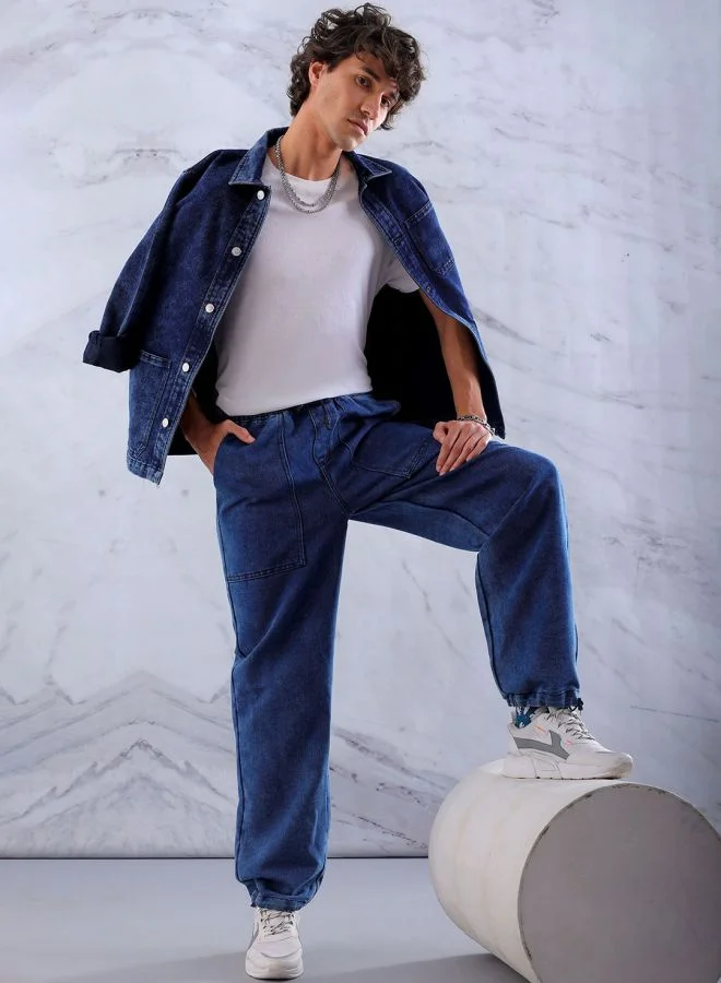 The Indian Garage Co Men Relaxed Fit Solid Mid-Rise Denim Joggers