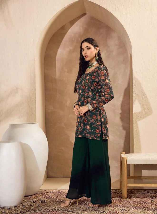 SASSAFRAS Sassafras Green Floral Print Kurta and Palazzo Pants Set