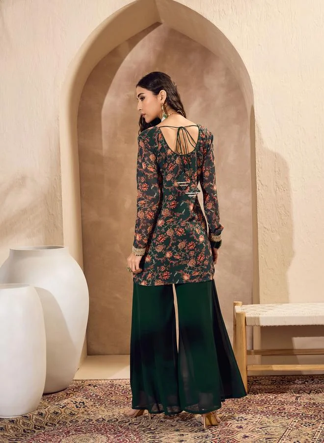 SASSAFRAS Sassafras Green Floral Print Kurta and Palazzo Pants Set