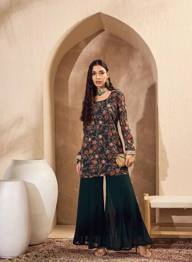 SASSAFRAS Sassafras Green Floral Print Kurta and Palazzo Pants Set