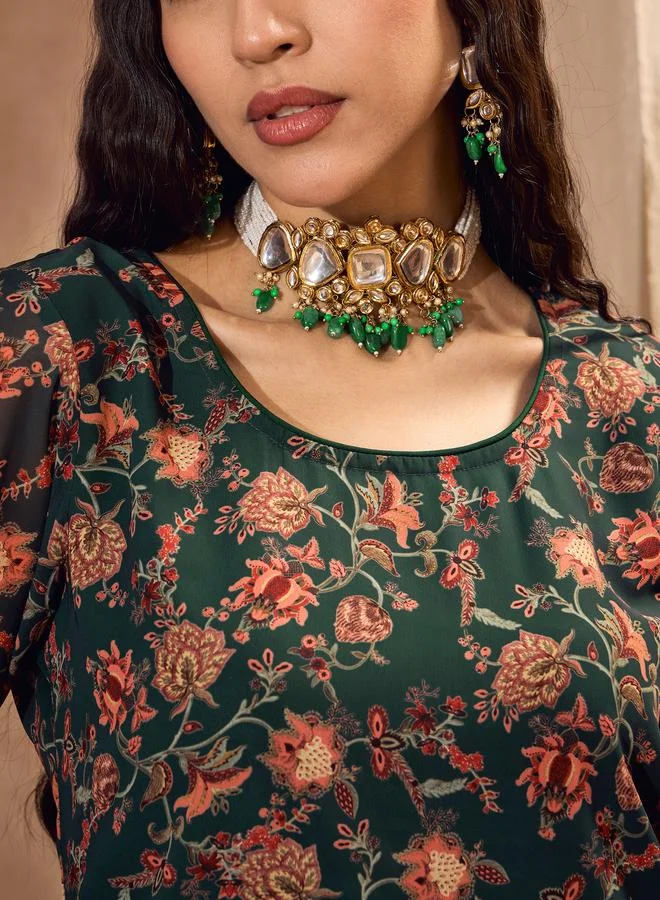 SASSAFRAS Sassafras Green Floral Print Kurta and Palazzo Pants Set
