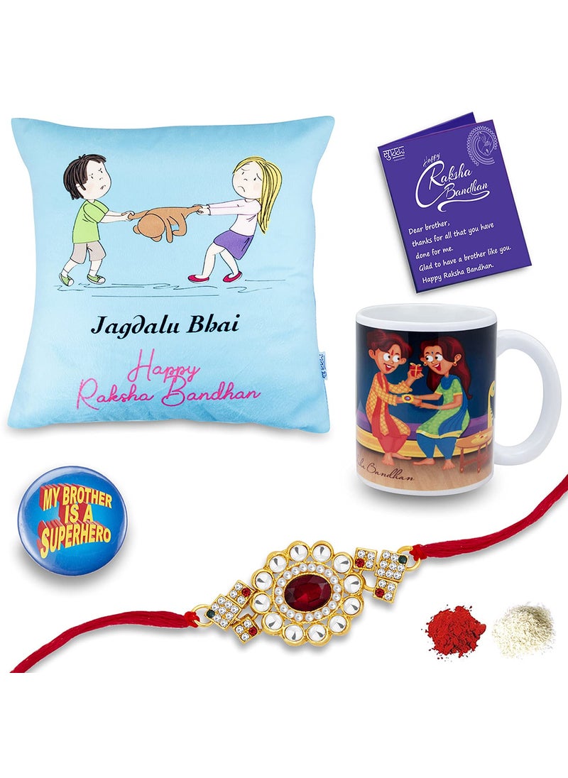 Sukkhi - Sukkhi Raksha Bandhan Gifts Gold Plated Rakhi with Roli Chawal & Raksha Bandhan Greeting Card, Printed Cushion Cover Without Filler, Coffee Mug & Badge Combo for Brother (CBMIX100074) - Image 1