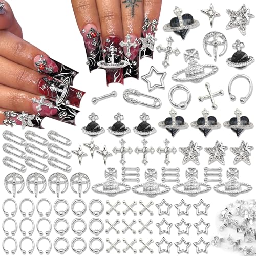 BELICEY 190PCS 3D Nail Charms - Silver Star Cross Planet Rivet Punk Cone Jewels for Acrylic Nails - Image 1