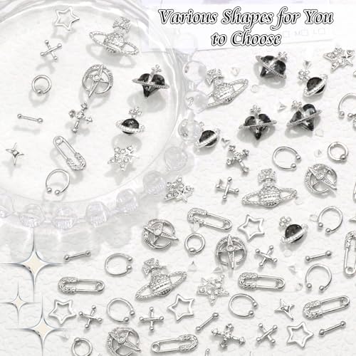 BELICEY 190PCS 3D Nail Charms - Silver Star Cross Planet Rivet Punk Cone Jewels for Acrylic Nails - Image 5