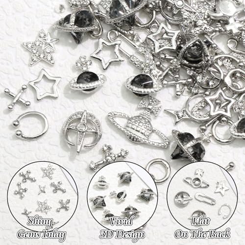 BELICEY 190PCS 3D Nail Charms - Silver Star Cross Planet Rivet Punk Cone Jewels for Acrylic Nails - Image 3