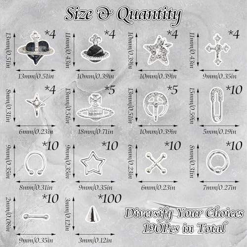 BELICEY 190PCS 3D Nail Charms - Silver Star Cross Planet Rivet Punk Cone Jewels for Acrylic Nails - Image 2