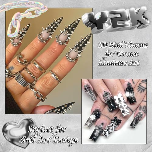 BELICEY 190PCS 3D Nail Charms - Silver Star Cross Planet Rivet Punk Cone Jewels for Acrylic Nails - Image 4