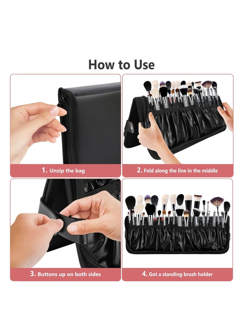 Y&D Makeup Brush Bag Organizer, Professional PU Leather Holder Foldable Travel Case Portable Zippered Handbag, Waterproof Cosmetic for Women Men Artist  - Image 4