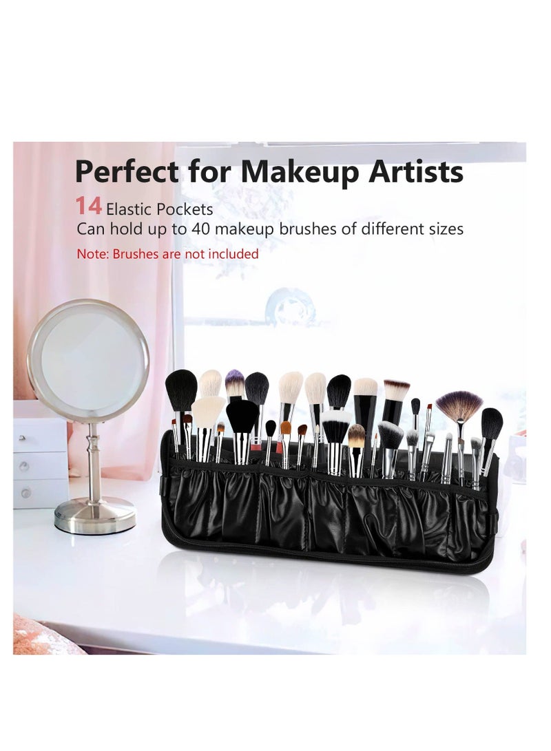 Y&D Makeup Brush Bag Organizer, Professional PU Leather Holder Foldable Travel Case Portable Zippered Handbag, Waterproof Cosmetic for Women Men Artist  - Image 2