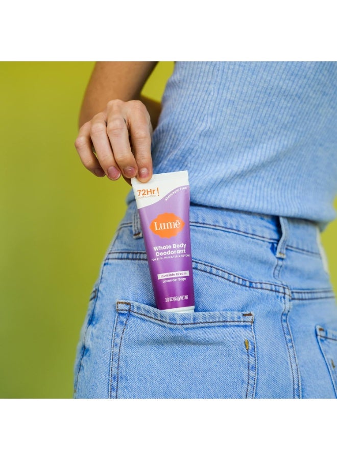 لومي Lume Whole Body Deodorant - أنبوب كريم غير مرئي - 72 ساعة التحكم في الرائحة - خالي من الألومنيوم ، خالي من صودا الخبز ، آمن للجلد - 3.0 أوقية (الحكمة اللافندر) - Image 4