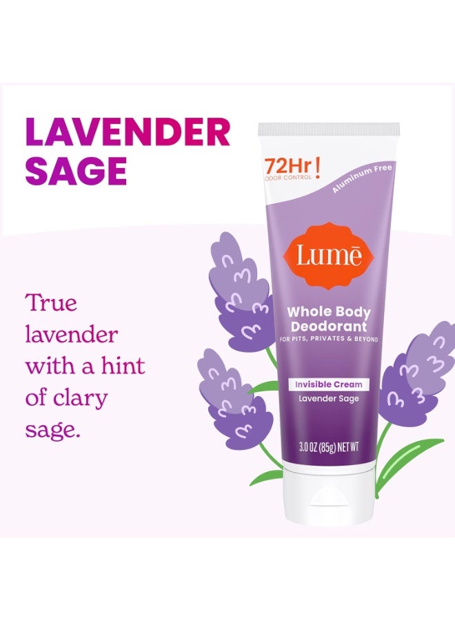 لومي Lume Whole Body Deodorant - أنبوب كريم غير مرئي - 72 ساعة التحكم في الرائحة - خالي من الألومنيوم ، خالي من صودا الخبز ، آمن للجلد - 3.0 أوقية (الحكمة اللافندر) - Image 3