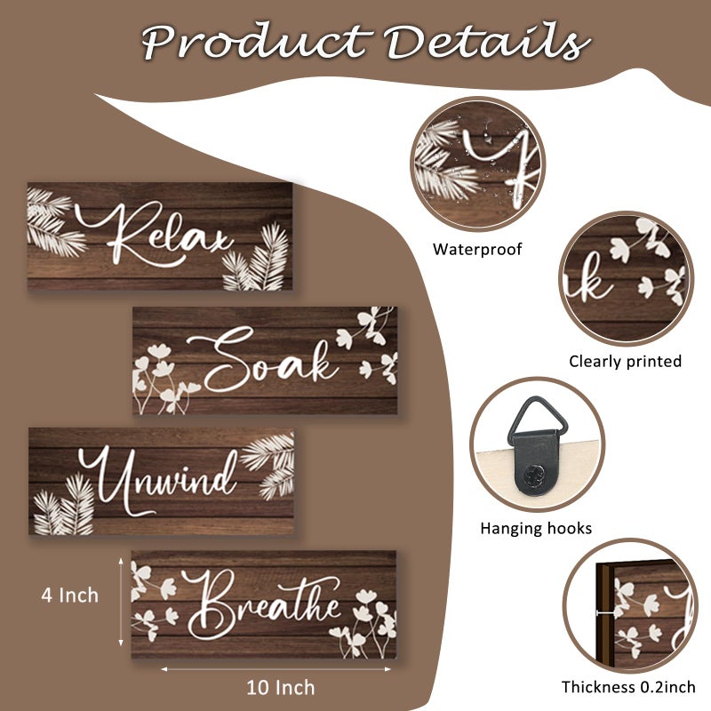 ONIZHITY 4 Pieces Brown Bathroom Decor Farmhouse Bathroom Accessories Rustic Relax Soak Unwind Breathe Wooden Signs with Vintage Country Decor for Home Laundry Room (Brown, 10x4 Inch) - Image 4