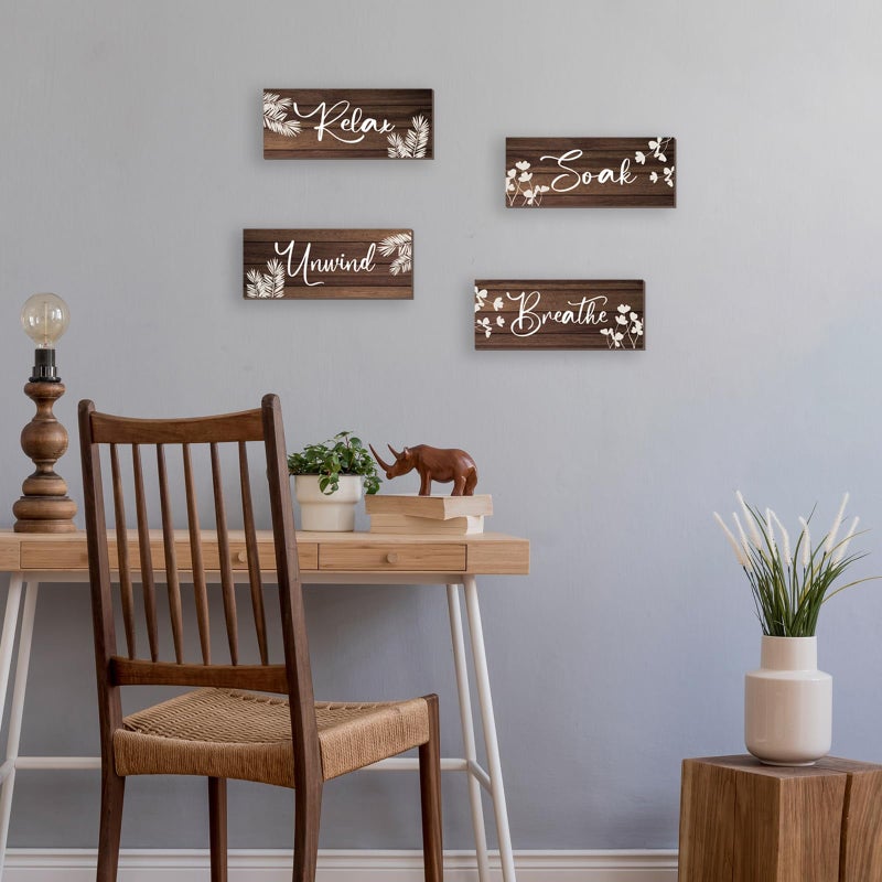 ONIZHITY 4 Pieces Brown Bathroom Decor Farmhouse Bathroom Accessories Rustic Relax Soak Unwind Breathe Wooden Signs with Vintage Country Decor for Home Laundry Room (Brown, 10x4 Inch) - Image 2