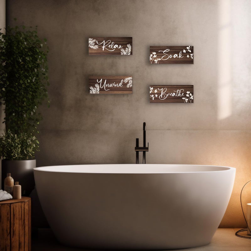 ONIZHITY 4 Pieces Brown Bathroom Decor Farmhouse Bathroom Accessories Rustic Relax Soak Unwind Breathe Wooden Signs with Vintage Country Decor for Home Laundry Room (Brown, 10x4 Inch) - Image 3