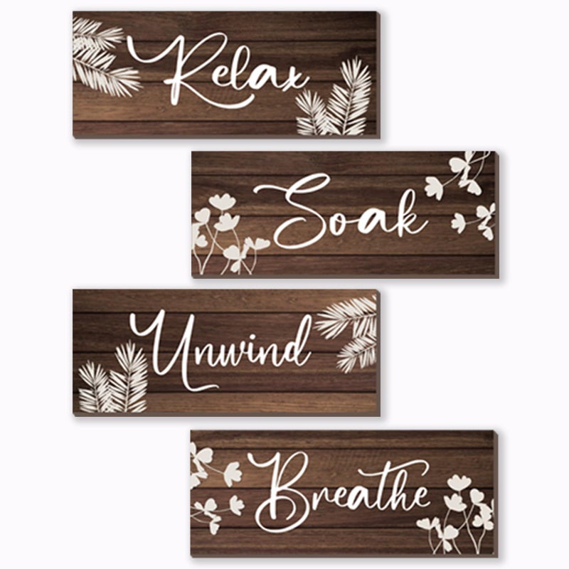 ONIZHITY 4 Pieces Brown Bathroom Decor Farmhouse Bathroom Accessories Rustic Relax Soak Unwind Breathe Wooden Signs with Vintage Country Decor for Home Laundry Room (Brown, 10x4 Inch) - Image 1