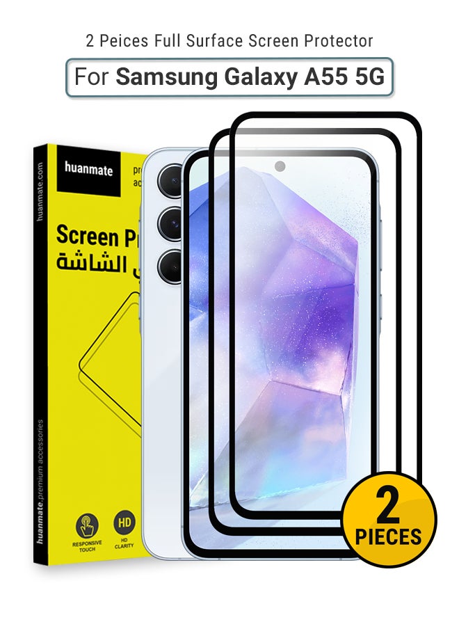 2 Pieces Samsung Galaxy A55 Screen Protector – Premium Edge to Edge Tempered Glass, High Transparency, Delicate Touch, Anti-Explosion, Smooth Arc Edges, Easy Installation