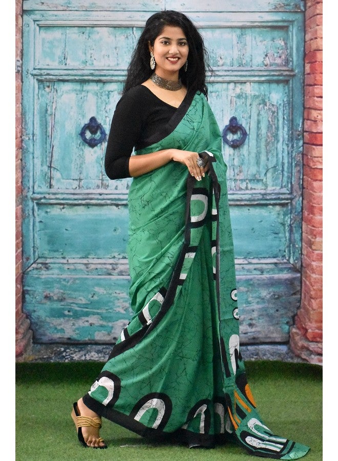 Kiaaron Women's Ikat Hand Block Print Jaipuri Cotton Mulmul Saree with Blouse Piece - Green_155 - Image 3
