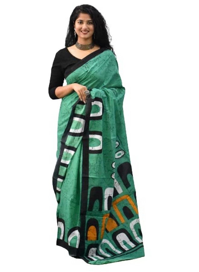 Kiaaron Women's Ikat Hand Block Print Jaipuri Cotton Mulmul Saree with Blouse Piece - Green_155 - Image 1