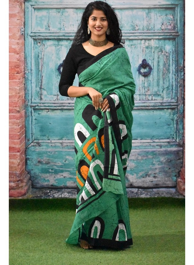 Kiaaron Women's Ikat Hand Block Print Jaipuri Cotton Mulmul Saree with Blouse Piece - Green_155 - Image 4
