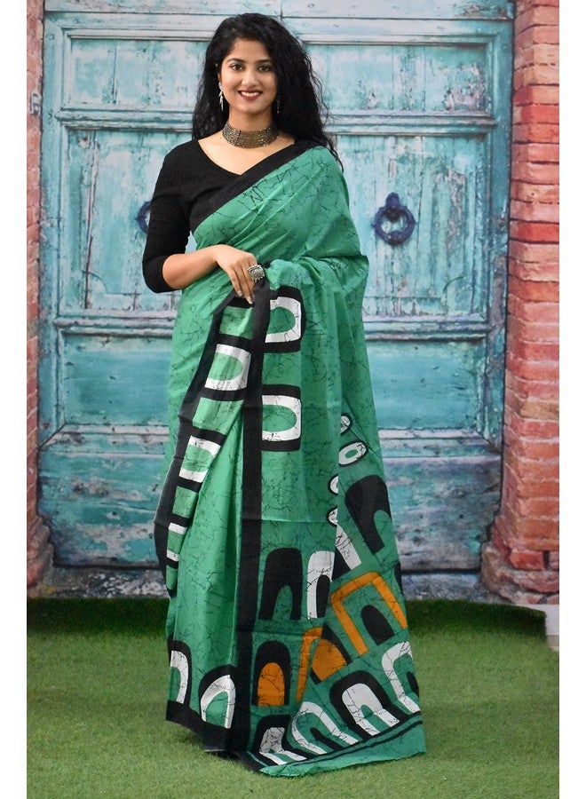 Kiaaron Women's Ikat Hand Block Print Jaipuri Cotton Mulmul Saree with Blouse Piece - Green_155 - Image 2