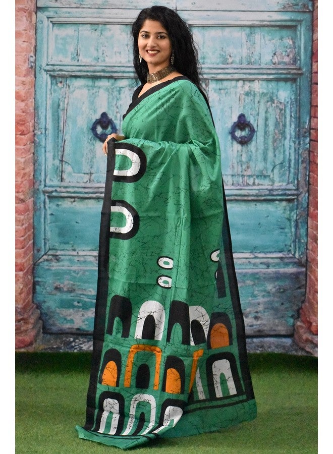 Kiaaron Women's Ikat Hand Block Print Jaipuri Cotton Mulmul Saree with Blouse Piece - Green_155 - Image 5