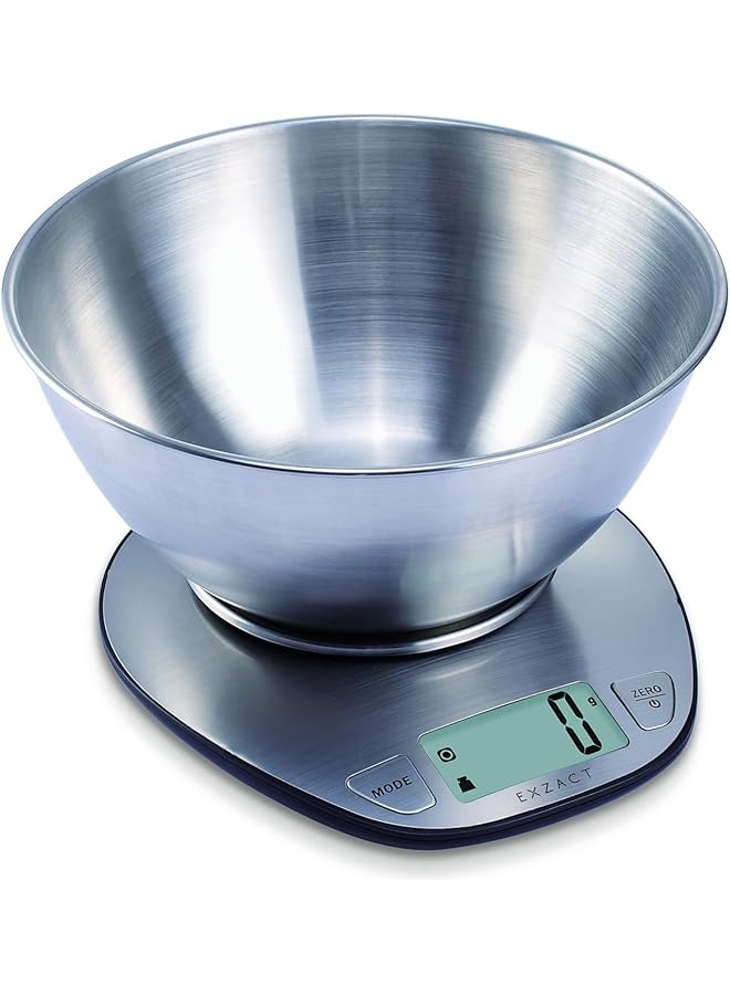 Exzact Electronic Kitchen Scale Stainless Steel Baking Scale - Large Display Wet And Dry Food Weighing Scale With Stainless Steel Mixing Bowl - Easy Switch Between Imperial And Metric - Max 5 Kgs