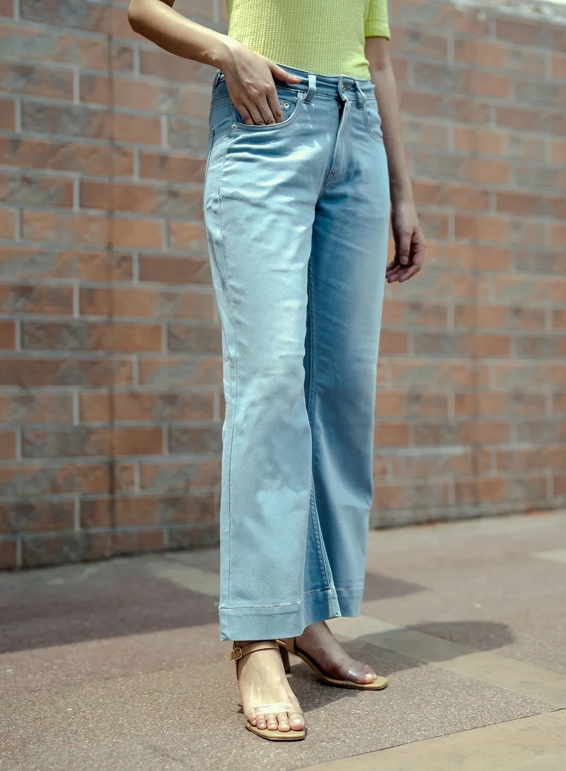 Salt Attire Mid Rise Flared Jeans for Women, Light Blue, 5 Pocket Design, Stretchable Denim with Clean Look and Wider Bottom Fold  Classic and Comfortable Fit