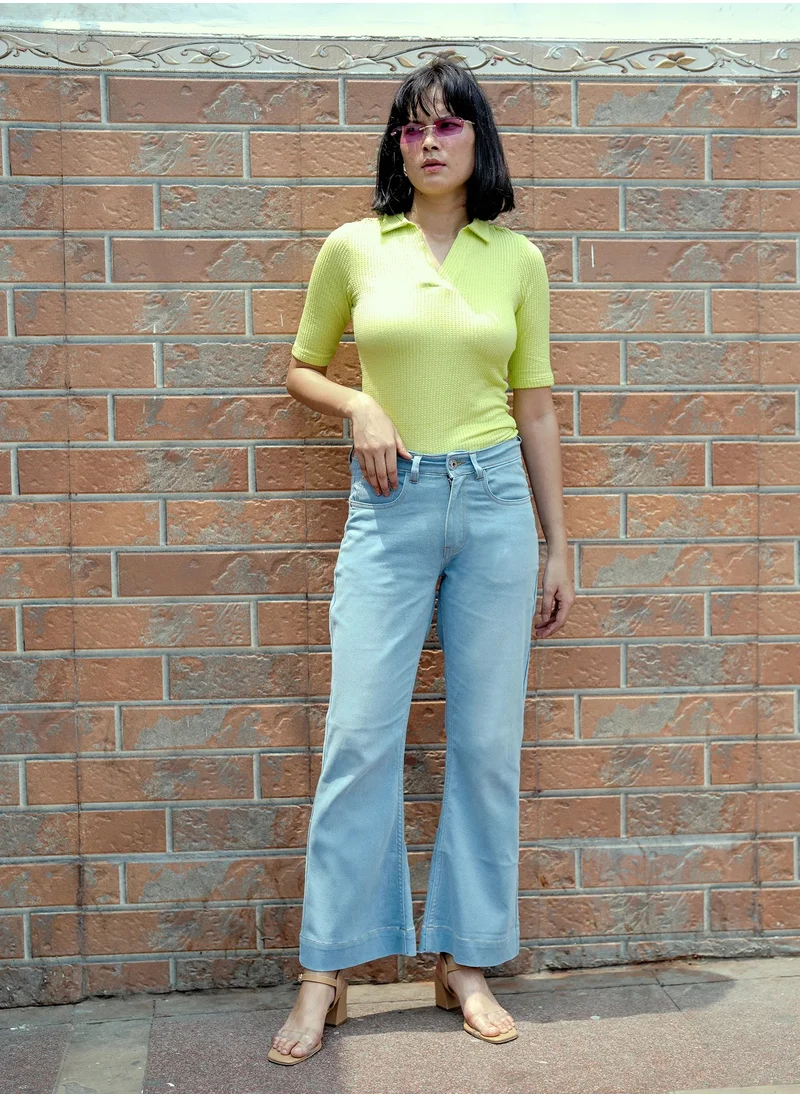 سولت اتاير Mid Rise Flared Jeans for Women, Light Blue, 5 Pocket Design, Stretchable Denim with Clean Look and Wider Bottom Fold  Classic and Comfortable Fit